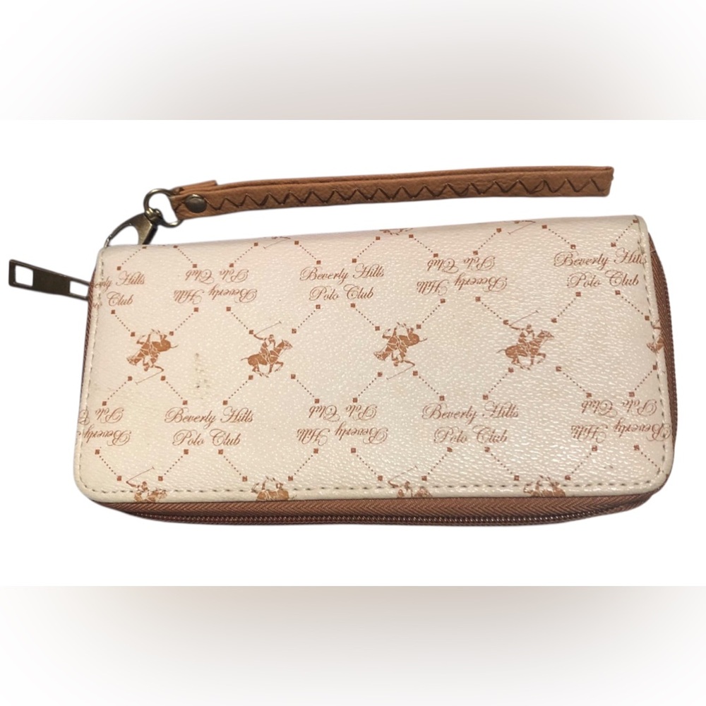 Beverly Hills Polo Club Tan and Cream Wristlet Wallet.Hand Purse,Faux Leather.